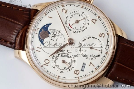 MIROTIME 0420 WellDesigned Portugieser Perpetual Calendar RG 5033 APSF 1:1 Best Edition White Dial on Brown Leather Strap A52610 Clone 7042